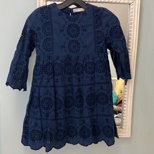 Zara girls navy eyelet three quarter sleeve dress
